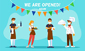Cafe re-opening. Restaurant are working again after coronavirus. Vector template for banner, websites, poster or flyer with message WELCOME BACK, WE ARE OPENED and cartoon characters: chef and waiters