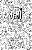 Cafe restaurant menu cover design template. Title page with hand drawn food doodle outline colored sketch pattern on white background. Vector poster with cooking element illustration