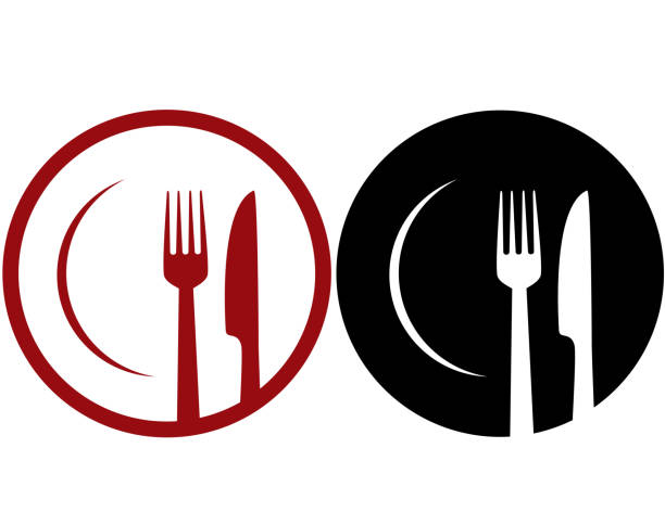 cafe sign abstract cafe sign with plate, fork and knife kitchen utensil stock illustrations
