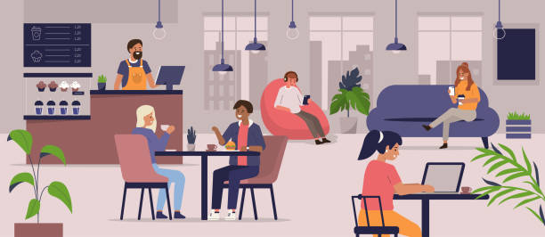 cafe Young People Characters Dinning and Working in modern Coffehouse. Woman and Man Talking and Drinking Coffee. Coworking Loft Office with Cafe. Flat Cartoon Vector Illustration. restaurant illustrations stock illustrations