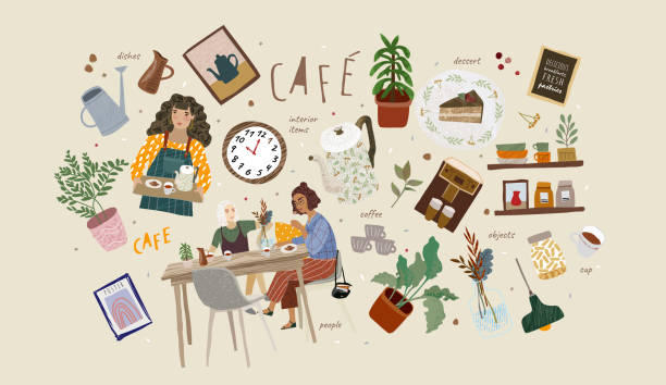 ilustrações de stock, clip art, desenhos animados e ícones de cafe. vector illustrations and objects on the theme of the restaurant: people eat breakfast at the table, the waiter with a tray, coffee, kettle, home decoration, dishes, menus. - come e sente