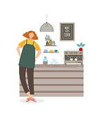 Cafe waitress in apron standing near barista counter, flat vector illustration isolated on white background. Cafeteria or coffee shop staff in the workplace.