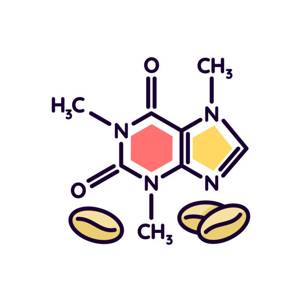 Caffeine RGB color icon Caffeine RGB color icon. Scientific compound for caffeinated drink. Coffee bean supplement formula. Atomic bond of organic caffeinated additive. Lab examination. Isolated vector illustration caffeine stock illustrations