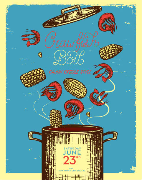 illustrazioni stock, clip art, cartoni animati e icone di tendenza di cajun creole crawfish boil invito modello di design - gamberi