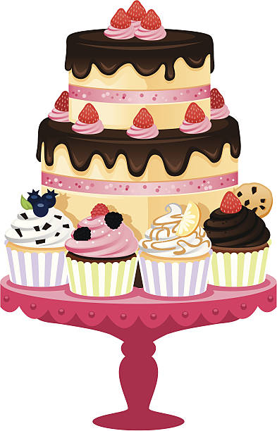 Cake and Cupcake Tray A delicious bunch of cupcakes with a towering and delicious looking cake. The cake, each individual cupcake, and tray can all be separated for individual use. The stand on the bottom of the tray is removable as well. heyheydesigns stock illustrations