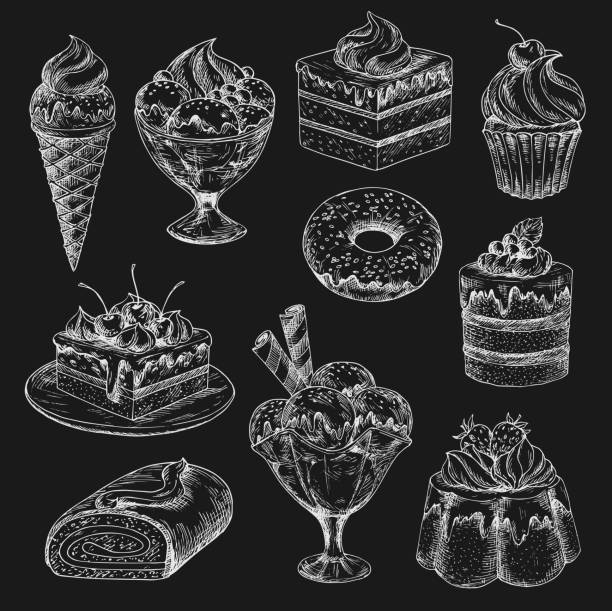 stockillustraties, clipart, cartoons en iconen met taart en ijs krijt schets op blackboard - brownie