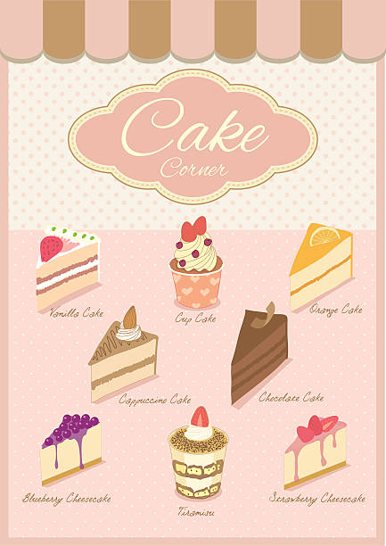cake corner Vector drawing bakery cafe.The cakes show on shop window and decorate with awning.Vintage theme and pastel pink color tone. coffee cake stock illustrations
