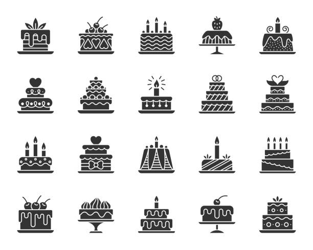 Cake Dessert black silhouette icons vector set Cake dessert icons set. Sign kit of sweet food. Birthday party pictograms of cupcake design, candle decoration, strawberry cream. Simple delicious black symbol isolated on white. Vector Icon shape birthday silhouettes stock illustrations