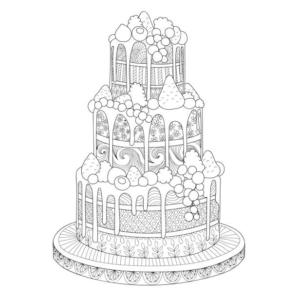 Cake for coloring book Hand drawn doodle cake with berries for coloring book for adults. cupcakes coloring pages stock illustrations