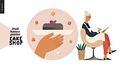 Cake shop, cakes on demand - small business graphics - blog icon -modern flat vector concept illustrations - a round badge with a slice of cake, the owner wearing apron accepting order filling in form