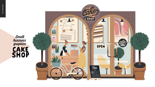 Cake shop - small business graphics - facade Cake shop, cakes on demand - small business graphics - facade -modern flat vector concept illustrations - a shop front entrance, showcase, shop interior - assistant at the counter, buyer bakery illustrations stock illustrations
