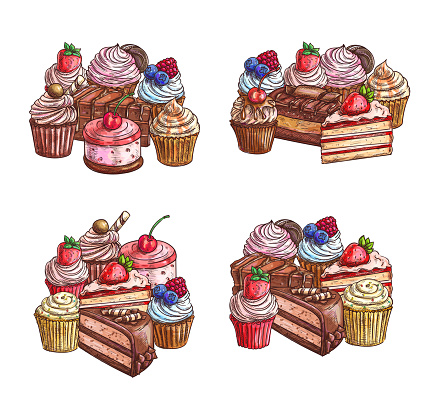 Cakes desserts sketch, sweet chocolate cupcakes