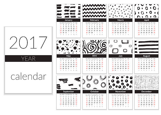 Calendar 2017 template. A4 Cards Vector with Hand Drawn Textures, Calendar 2017 Year, A4 Cards Vector With Hand Drawn Textures, Week Starts Sunday march calendar 2017 stock illustrations