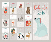 Calendar 2018. Cute monthly calendar with forest animals. Vector illustration.
