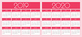 Calendar for 2019 and 2020 year red background. Simple Vector Template. Isolated illustration.