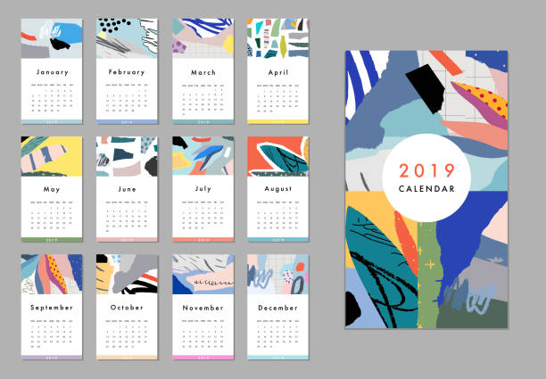 Calendar 2019. Printable creative template. Abstract modern art. calendar patterns stock illustrations