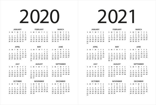 illustrazioni stock, clip art, cartoni animati e icone di tendenza di calendario 2020 2021 - illustrazione. i giorni iniziano da domenica - calendario