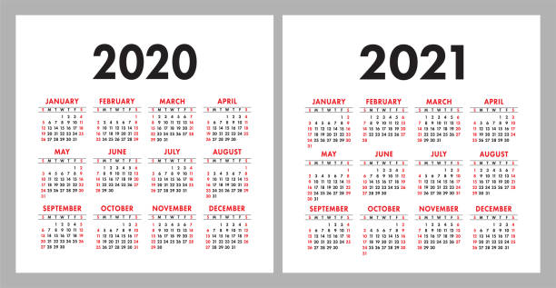 Calendar 2020, 2021. Square vector calender design template. English colorful set. Week starts on Sunday. New year Calendar 2020, 2021. Square vector calender design template. English colorful set. Week starts on Sunday. New year annual event stock illustrations