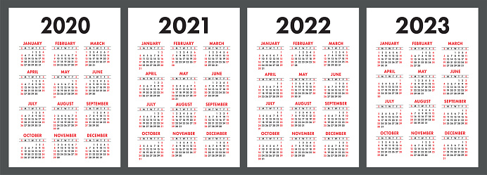 Calendar 2020 2021 2022 And 2023 English Color Vector Set Vertical Wall