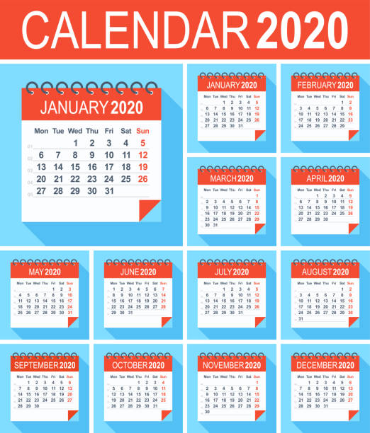 takvim 2020 - düz modern mavi kırmızı. hafta pazartesi'den itibaren başlar - blue monday stock illustrations