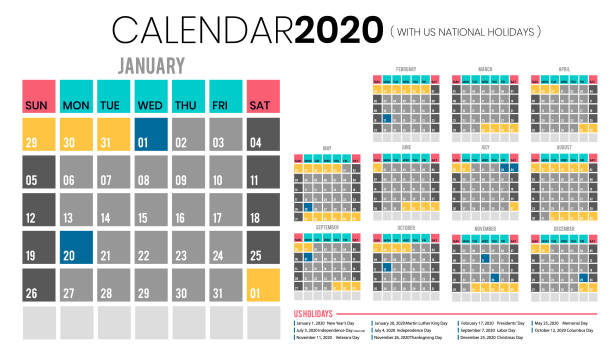 Calendar 2020 including US holidays Calendar 2020 including US holidays holiday calendars stock illustrations