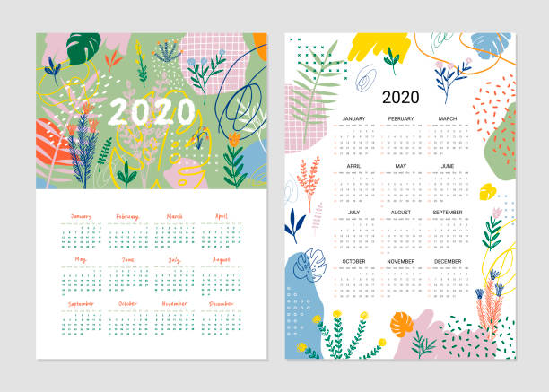 Calendar 2020 Set of 2 Printable creative templates. Abstract modern art. Cute posters with floral elements. calendar patterns stock illustrations