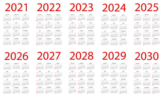 Calendrier 2021 2022 2023 2024 2025 206 2027 2028 2029 2030 ...