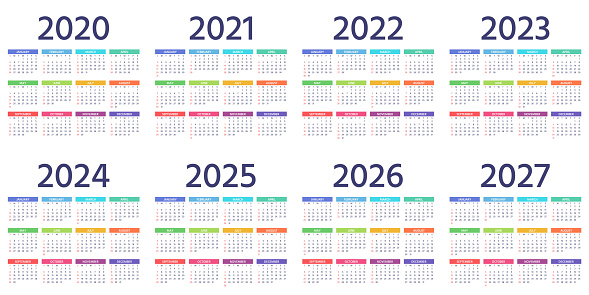 Calendar 2021 2022 2023 2024 2025 2026 2027 2020 Years Vector