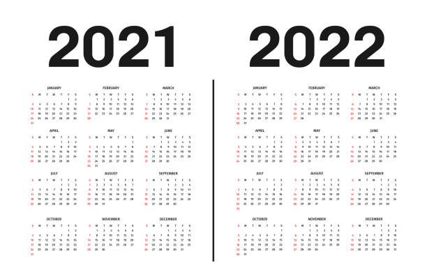 ilustrações, clipart, desenhos animados e ícones de modelo calendário 2021 e 2022. modelo de calendário nas cores preto e branco, feriados em cores vermelhas - dezembro