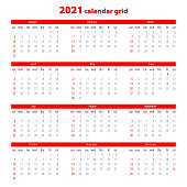 Calendar grid 2021. Days start from Sunday