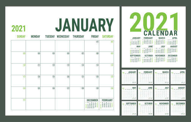 Calendar 2021. English calender template. Vector square grid. Office business planning. Creative design. Green color Calendar 2021. English calender template. Vector square grid. Office business planning. Creative design. Green color calendars templates stock illustrations