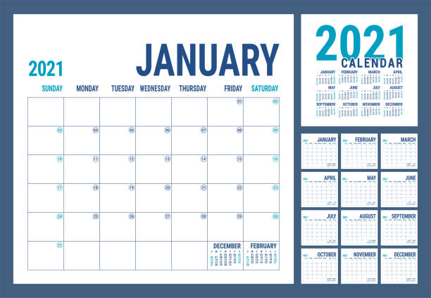Calendar 2021. English calender template. Vector square grid. Office business planning. Creative design. Blue color Calendar 2021. English calender template. Vector square grid. Office business planning. Creative design. Blue color calendars templates stock illustrations