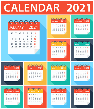 Calendar 2021 - Flat Modern Colorful. Week starts on Monday