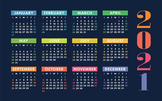 Calendar 2021 year. Vector kid's pocket or wall calender template. Simple design. Week starts on Sunday