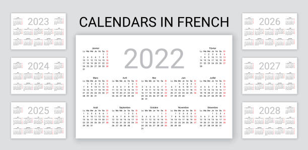 Calendar 2022, 2023, 2024, 2025, 2026, 2027, 2028 years in French. Vector illustration. Desk planner. French Calendar 2022, 2023, 2024, 2025, 2026, 2027, 2028 years. France pocket or wall calender template. Week starts Monday. Yearly desk organizer. Vertical, portrait orientation. Vector illustration french language stock illustrations