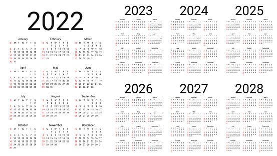 Calendar 2022, 2023, 2024, 2025, 2026, 2027, 2028 years. Vector illustration. Simple calender layout.