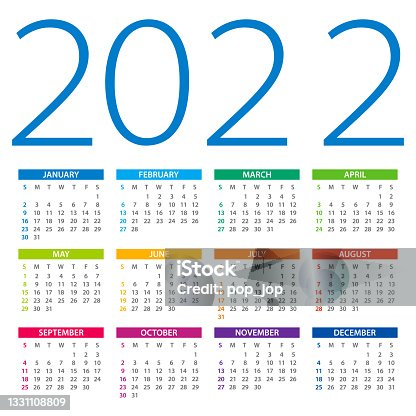 istock Calendar 2022 - color vector illustration. Week starts on Sunday 1331108809