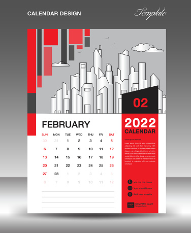 Calendar 2022 design template, February layout, calendar date, Desk calendar template, Wall calendar 2022 year, Planner, week starts on sunday, printing media, Red square shape background, vector