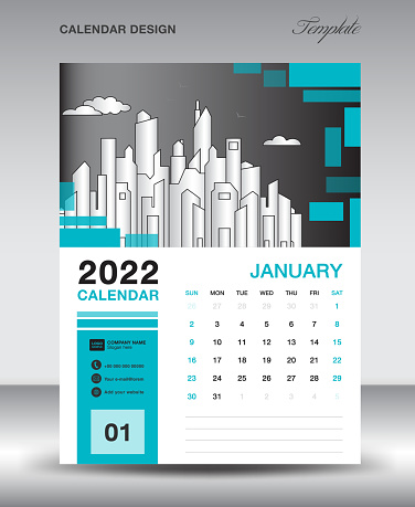 Calendar 2022 design template, January 2022 year layout, vertical calendar design, Desk calendar template, Wall calendar, Planner, week starts on sunday, Blue square shape background, vector