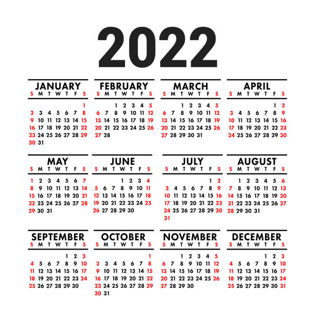 Calendar 2022. English vector square wall or pocket calender design template. New year. Week starts on Sunday. Black, red and white colors Calendar 2022. English vector square wall or pocket calender design template. New year. Week starts on Sunday. Black, red and white colors annual event stock illustrations
