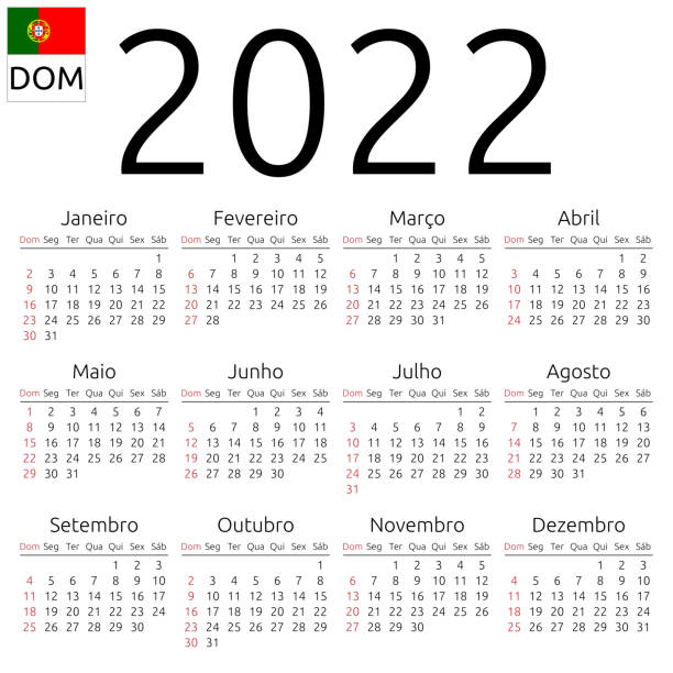 Calendar 2022, Portuguese, Sunday Simple annual 2022 year wall calendar. Portuguese language. Week starts on Sunday, Brazil. Sunday highlighted. No holidays highlighted. EPS 8 vector illustration, no transparency, no gradients portuguese culture stock illustrations
