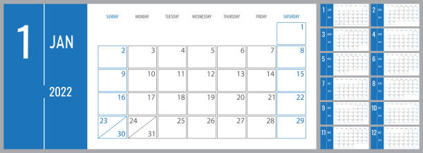 календарь 2022 воскресная неделя старт корпоративный шаблон планировщика синим цветом - july 4 stock illustrations