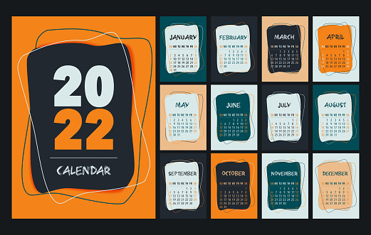 Calendar 2022 template, orange, green, peach, white and black desk calendar design. Week start On Sunday, planner, stationery, wall calendar. Vector illustration