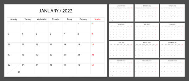 Calendar 2022 week start Monday corporate design planner template. vector art illustration