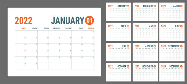 Calendar 2022 year. English planner template. Vector horizontal grid. landscape orientation. Office business planning. Creative design. Red and grey color Calendar 2022 year. English planner template. Vector horizontal grid. Landscape orientation. Office business planning. Creative design. Red and grey color new years day stock illustrations