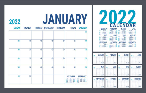 Calendar 2022 year. English planner template. Vector square grid. Office business planning. Creative trendy design. Blue color Calendar 2022 year. English planner template. Vector square grid. Office business planning. Creative trendy design. Blue color january stock illustrations