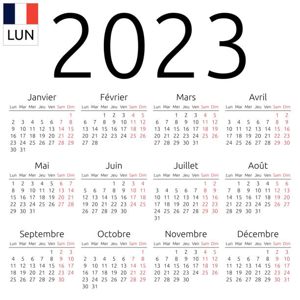 Calendar 2023, French, Monday Simple annual 2023 year wall calendar. French language. Week starts on Monday. Saturday and Sunday highlighted. No holidays highlighted. EPS 8 vector illustration, no transparency, no gradients french language stock illustrations