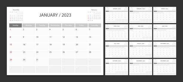 Calendar 2023 week start Sunday corporate design planner template. vector art illustration