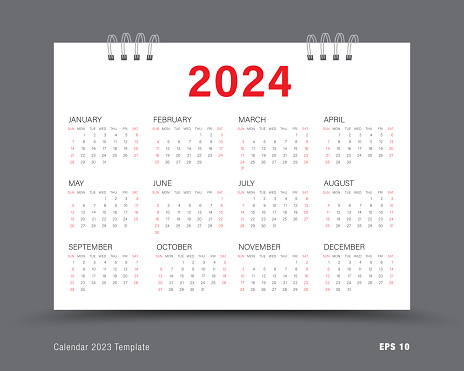 カレンダー2024テンプレートレイアウト、2024年に設定された12ヶ月の年間カレンダー、赤の背景、ビジネスパンフレットのチラシ、印刷メディア、広告、シンプルなデザインテンプレート、ベ - イラスト素材...