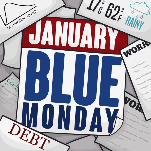 kalendarz, rachunki, przygnębiająca praca i papier upamiętniający blue monday - blue monday stock illustrations